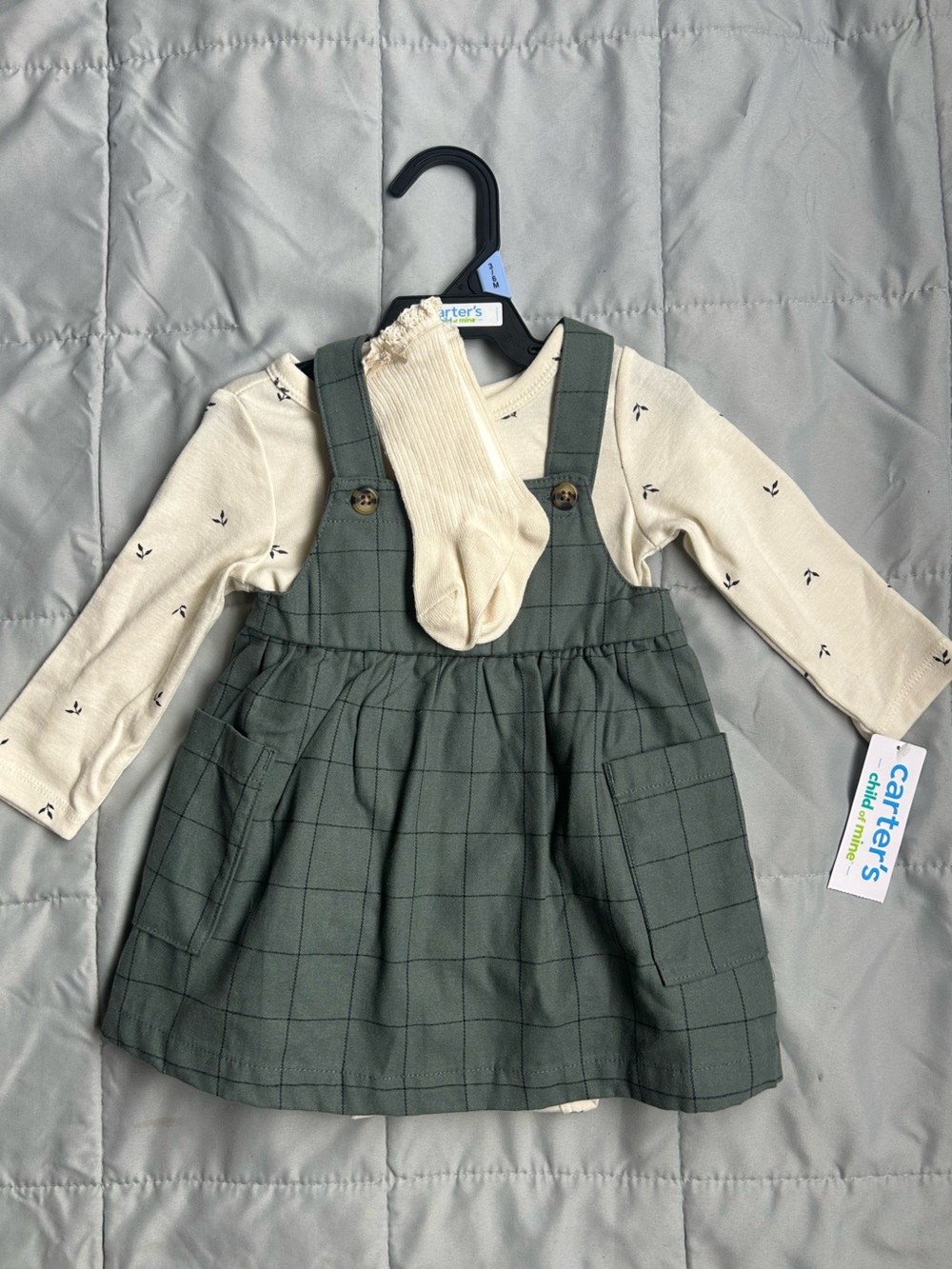 Carter's Green Plaid Pinafore Dress with Cream Top and Socks